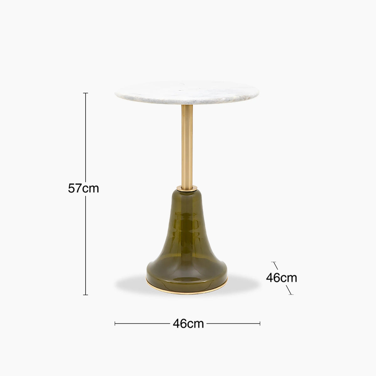 White Round Marble Top Side Table With Green Glass Base – product view 3 – Grosvenor Marble Co.