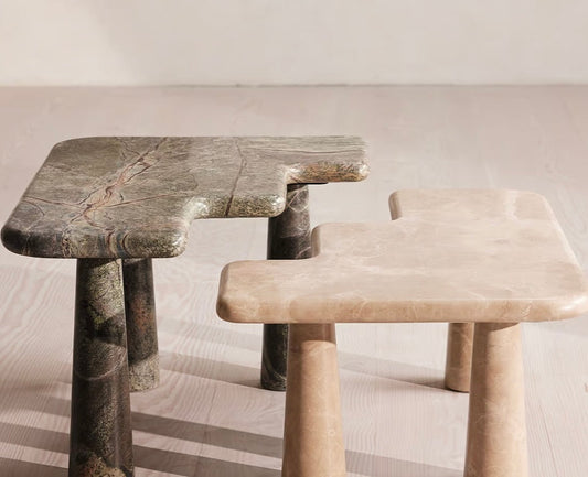 Jada Coffee Table Set, Light Emperador and Verde Bosque Marble – product view 2 – Grosvenor Marble Co.