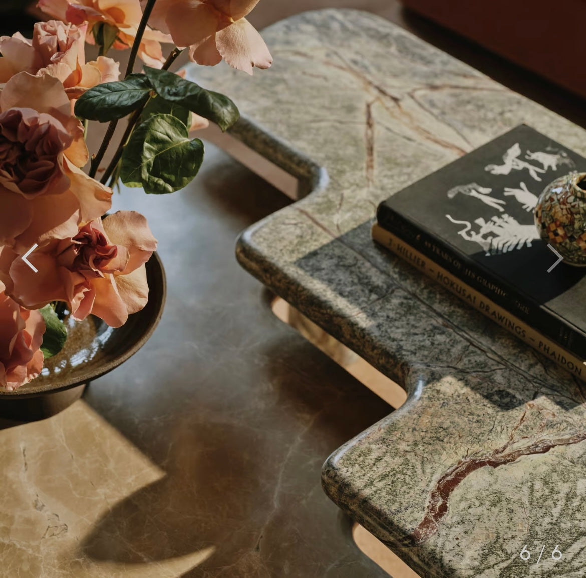 Jada Coffee Table Set, Light Emperador and Verde Bosque Marble – product view 6 – Grosvenor Marble Co.
