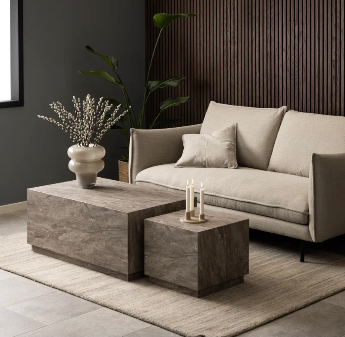 Grey Stone Look Coffee / Nesting Table Cube Set – product view 2 – Grosvenor Marble Co.