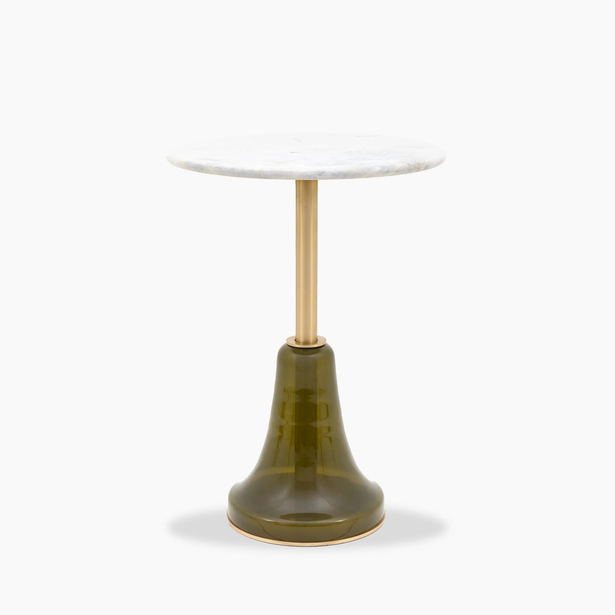 White Round Marble Top Side Table With Green Glass Base – Marble side table by Grosvenor Marble Co.