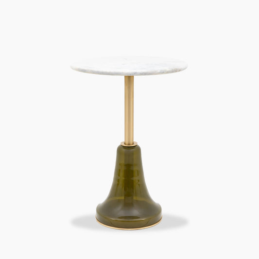 White Round Marble Top Side Table With Green Glass Base – Marble side table by Grosvenor Marble Co.