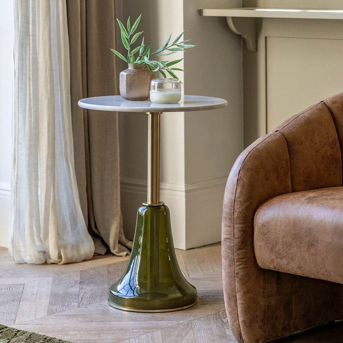 White Round Marble Top Side Table With Green Glass Base – product view 2 – Grosvenor Marble Co.