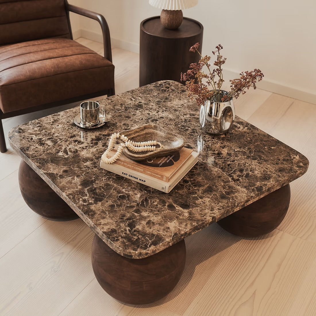 Dark Emperador Marble Square Dark Wood Coffee Table – product view 5 – Grosvenor Marble Co.