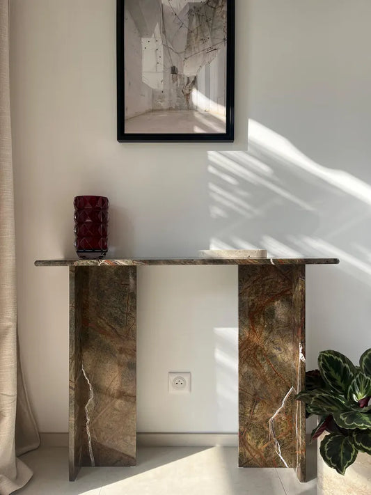 Brown Marble Forest Console Table, T Shape Base – Brown Marble console table by Grosvenor Marble Co.