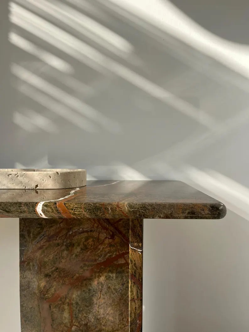 Brown Marble Forest Console Table, T Shape Base – product view 2 – Grosvenor Marble Co.