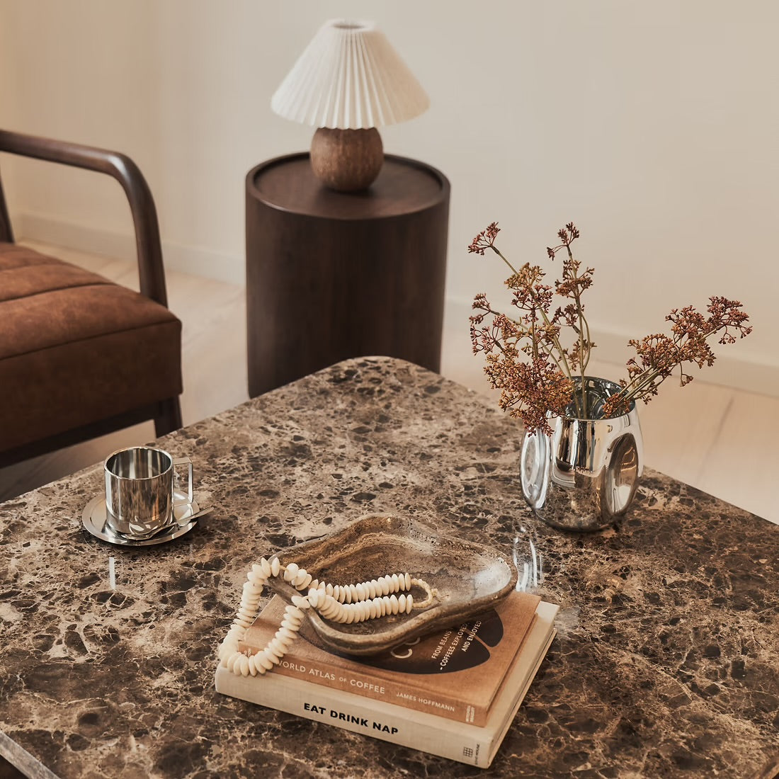 Dark Emperador Marble Square Dark Wood Coffee Table – product view 4 – Grosvenor Marble Co.
