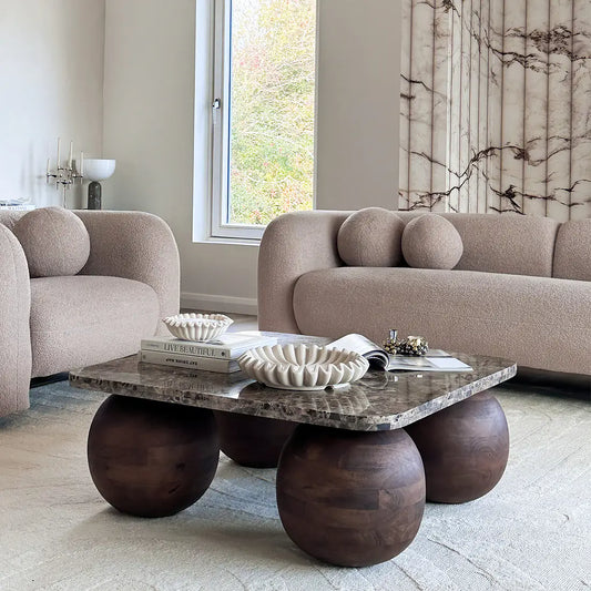 Dark Emperador Marble Square Dark Wood Coffee Table – product view 2 – Grosvenor Marble Co.